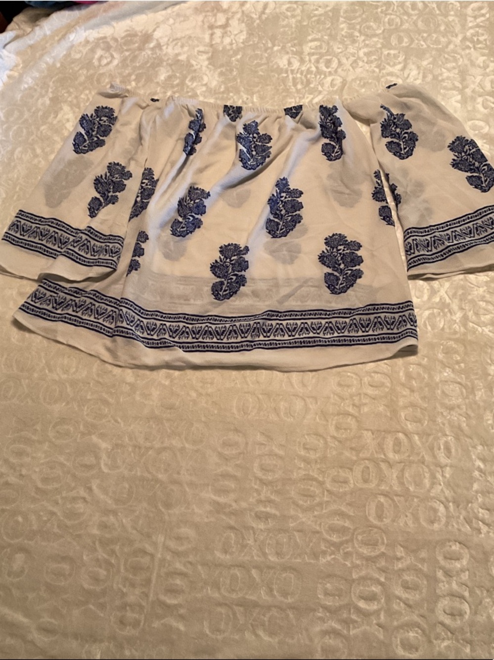 White Off-Shoulder Top with Blue Floral Embroidery
